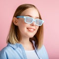 Smiling teenager girl portrait movie viewer in glasses isolated over pink color background with copy space. Young woman Royalty Free Stock Photo