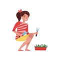 Smiling teenager girl with small shovel and rake in hands, caring for garden plant. Nature theme. Flat vector design Royalty Free Stock Photo