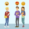 Smiling teenager girls and boy with smiley emoticons vector illustration.Teens speaking and expressing emotions of love