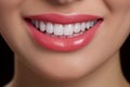 Smiling lips, perfect teeth, dental care concept, female mouth close up.