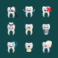 Smiling teeth vector set with different elements. Cute character with facial expression. Funny icons for children`s design. 3d Royalty Free Stock Photo