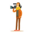 TV videographer with camera and headphones.