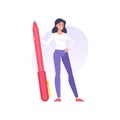 Smiling tiny business woman standing with pen handwriting paperwork documents signature vector