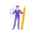Smiling tiny man in suit tie holding pencil and clipboard with to do list checkmark vector flat