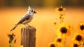 Smiling Titmouse On Wooden Post With Sunflowers In Midwest Gothic Style