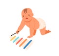 Smiling toddler playing on wooden xylophone vector flat illustration. Cute little child in diaper enjoying sound of toy