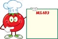 Smiling Tomato Chef Cartoon Mascot Character Pointing To Menu Board