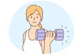 Happy woman training with dumbbells
