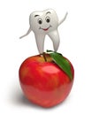 Smiling tooth jumping on a red apple - 3d