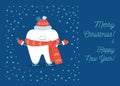 Tooth is wearing in a red hat, scarf, gloves and skates, illustration of winter fun. Christmas greeting card from a dentistry