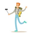 Smiling tourists man with backpack standing and taking selfie photo on his smart phone. Colorful cartoon character