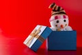 Smiling toy christmas snowman in a present box Royalty Free Stock Photo