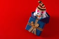 Smiling toy christmas snowman in a present box Royalty Free Stock Photo