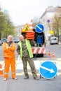 Smiling traffic sign marking technician workers Royalty Free Stock Photo