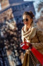 Smiling traveller woman in Milan, Italy looking into distance Royalty Free Stock Photo