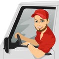 Smiling truck driver in the car