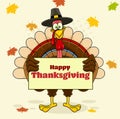 Smiling Turkey Cartoon Character With Pilgrim Hat Holding A Blank Sign