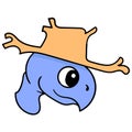 Smiling turtle animal head wearing a straw hat. carton emoticon. doodle icon drawing
