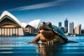 Smiling Turtle Gracefully Swims in Front of Sydney Opera House