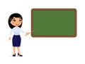 Asian female teacher standing near blackboard flat  illustration. Royalty Free Stock Photo