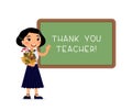 Asian female teacher standing near blackboard flat vector illustration. Royalty Free Stock Photo