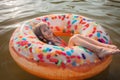 Girl relaxes on big donut inflatable ring on lake on hot summer day, happy summertime, countryside Royalty Free Stock Photo