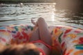 Girl relaxes on big donut inflatable ring on lake on hot summer day, happy summertime, countryside Royalty Free Stock Photo