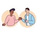 Smiling two cheerful young man waving , touching hands ,clapping hands and say Hello with colleague.Two friends man Royalty Free Stock Photo