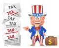 Smiling Uncle Sam points at the tax letters