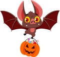 Smiling Vampire Bat Cartoon Character Flying With A Pumpkin Basket Of Treats