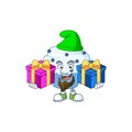 A smiling vanilla blue cupcake cartoon design having Christmas gifts