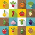 Smiling vegetables icons set, flat style Royalty Free Stock Photo