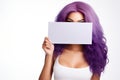Smiling Very Attractive African Woman With Hat, Purple Hair, Holding A White Blank Sign, White Backg
