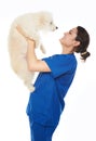 Smiling veterinar hold dog Royalty Free Stock Photo