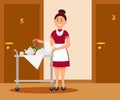 Smiling waitress with food trolley standing near door in hotel. Breakfast for guest. Room service. Flat vector design