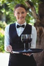 Smiling waitress holding a tray with glasses of red wine Royalty Free Stock Photo