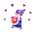 Smiling walking gnome with a heart watercolor illustration