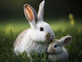 A smiling white rabbit mother playing with her baby in an affectionate moment, blurred green grass background, generative AI