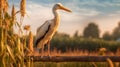 Smiling White Stork On Farm At Sunset