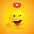 Smiling and Winking Cheerful Emoji with Tongue Out, Showing Thumbs Up - Simple Shiny Happy Emoticon with Red Speech Bubble Royalty Free Stock Photo