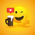 Smiling and Winking Emoji Showing Thumbs Up - Simple Shiny Happy Emoticon with Beer Mug and Speech Bubble on Yellow Background