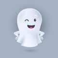 Smiling and winking ghost with hands on the sides pose. Friendly phantom icon. Happy Halloween 3D character. Vector illustration
