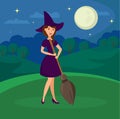 Smiling Witch Holding Broomstick Flat Illustration