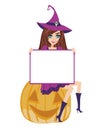 Smiling witch sits on a pumpkin, frame with space for your text