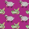 Smiling wolf face and nice lamb seamless pattern