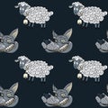 Smiling wolf face and nice lamb seamless pattern