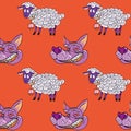 Smiling wolf face and nice lamb seamless pattern