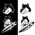 Smiling wolf mascot surfer with anchor tattos black and white