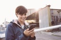 Smiling woman at the aerodrome Royalty Free Stock Photo