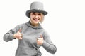 Smiling woman. Beautifu youngl woman wearing gray hat and in a gray sweatshirt Royalty Free Stock Photo